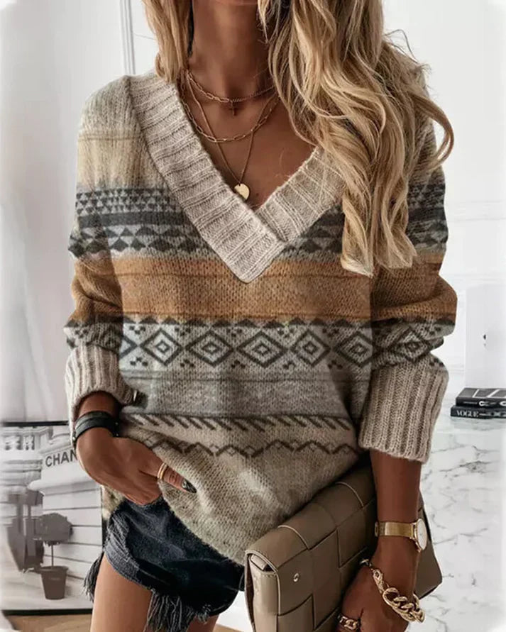 Dames v-hals trui met stijlvolle gebreide patroon in beige - casual knitwear voor de herfst/winter