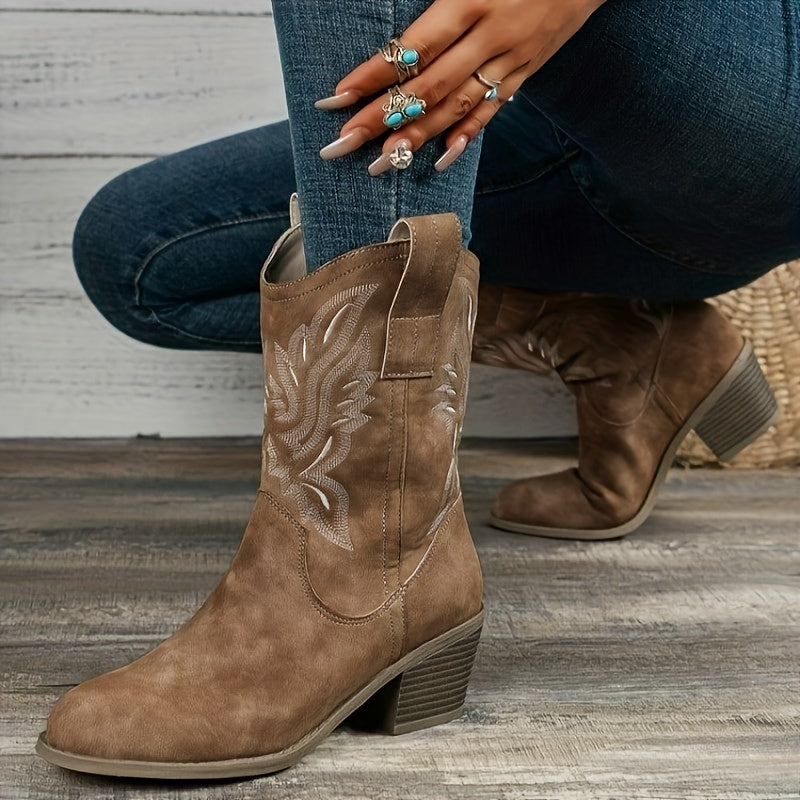 Camel cowboylaarzen - dames geborduurde enkelboots met blokhak