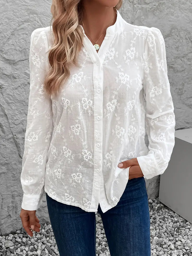Dames witte geborduurde zomerblouse - elegante langarm shirt voor vrouwen