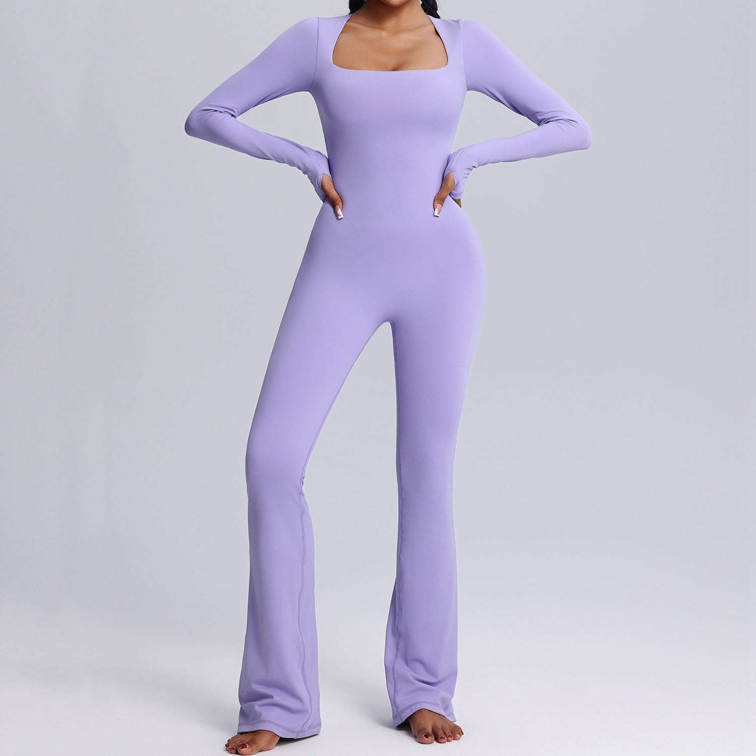 Nieuwe vierkante hals jumpsuit met lange mouwen - yoga fitness sport broek met wijde pijpen ademend dames bodysuit - Bakkermode.nl