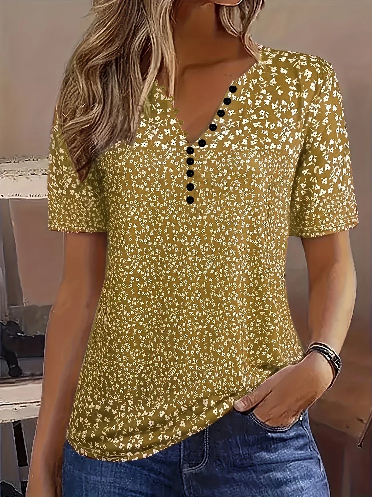 Dames casual top - stijlvol v-hals bloesje met bloemenprint voor dagelijkse outfits - korte mouwen