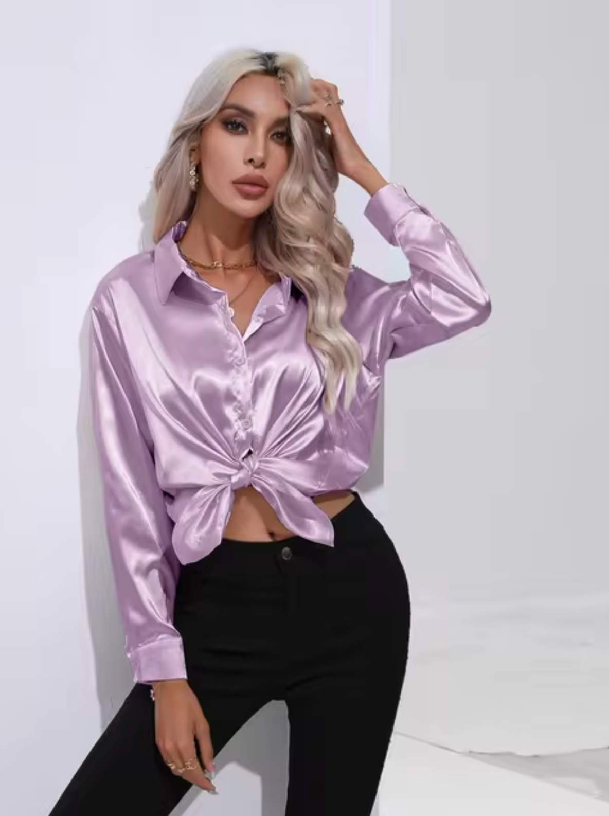 Dames satijnen blouse met lange mouwen - chique lichtgewicht blouse voor kantoor
