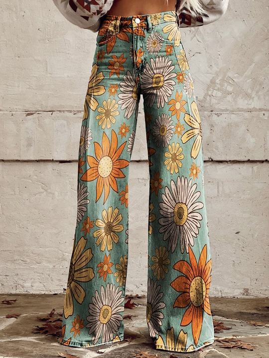 Brede been bloemenbroek - elegante denim onderstukken voor vrouwen