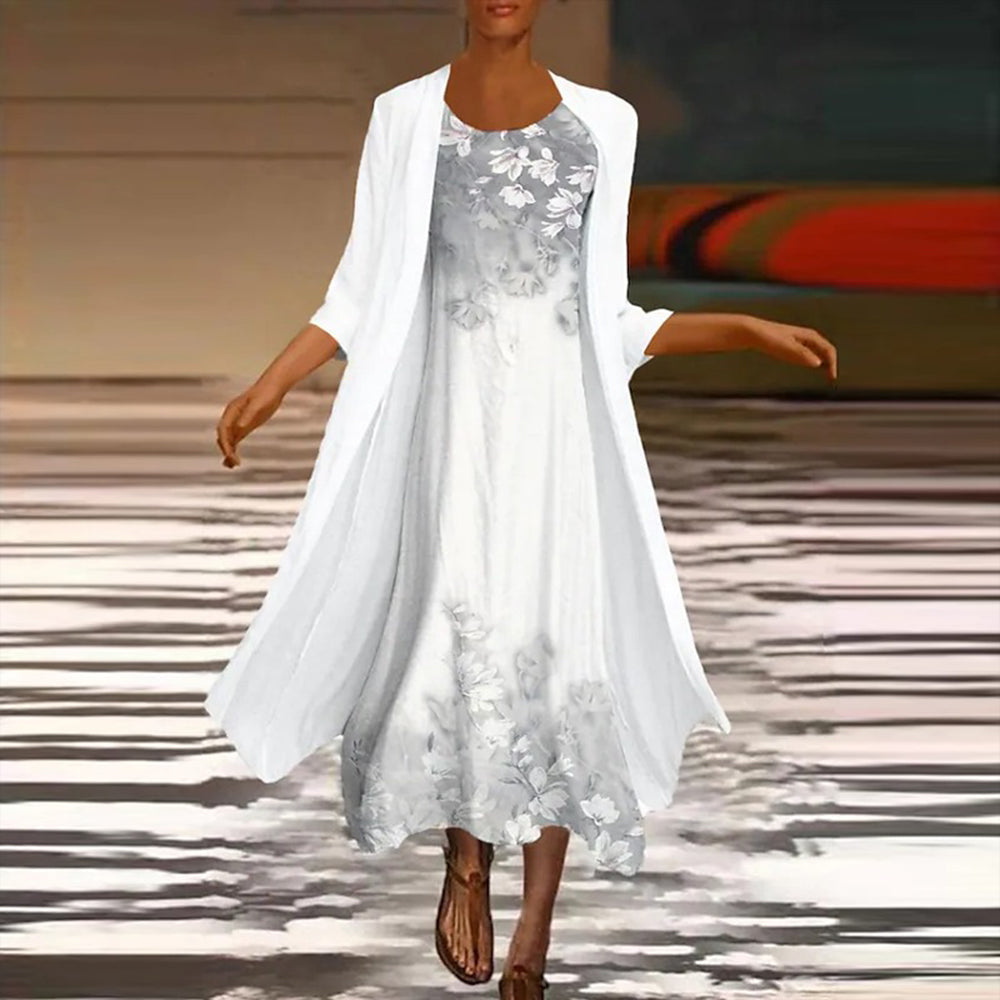 2-delig bloemenjurk en lange jas set - elegante damesoutfit