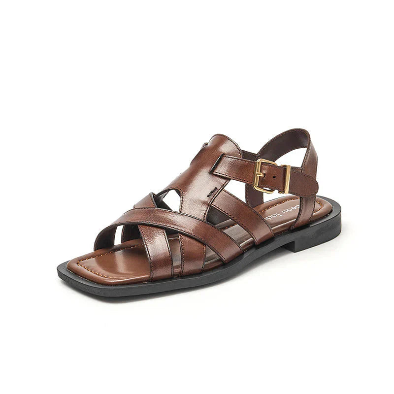 Bruine leren sandalen met gespen - Bakkermode.nl