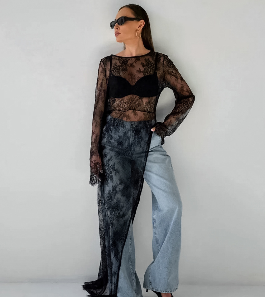 Dames sheer lace blouse met elegante gelaagd design in zwart - veelzijdige tops voor avondkleding & dagelijkse stijl