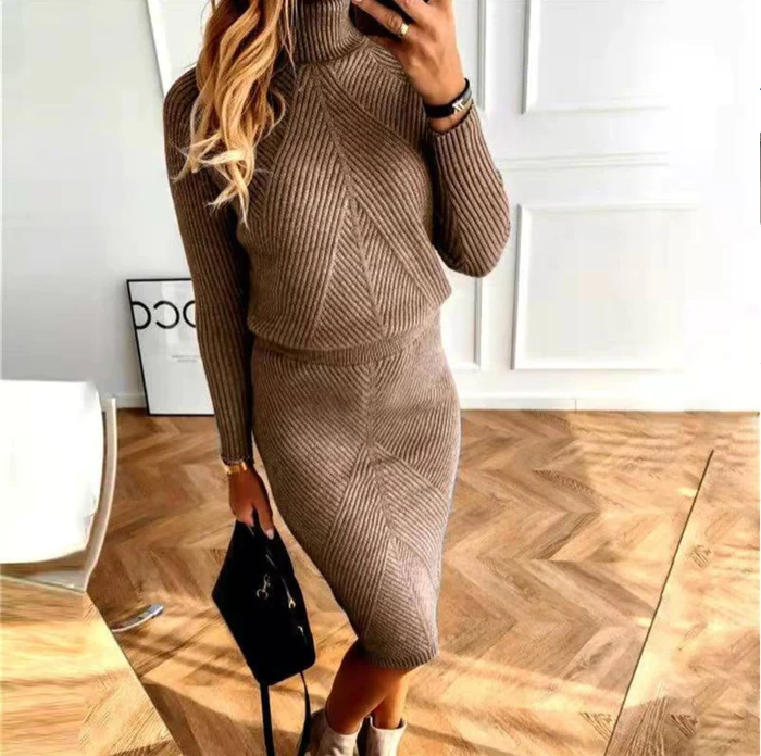 2-delig gebreid co-ords set - stijlvolle dames turtleneck top en midi rok - Bakkermode.nl
