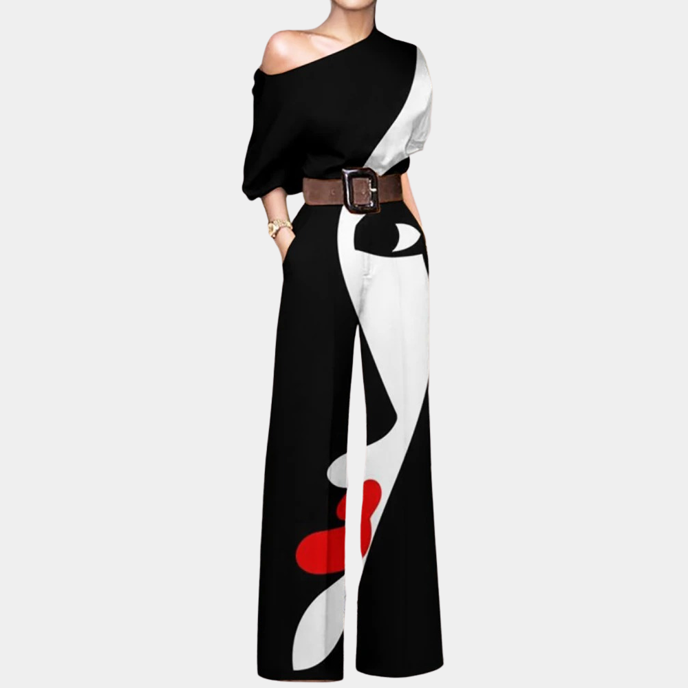 Dames jumpsuit off-shoulder met vlinderprint - elegante outfit voor bijzondere gelegenheden