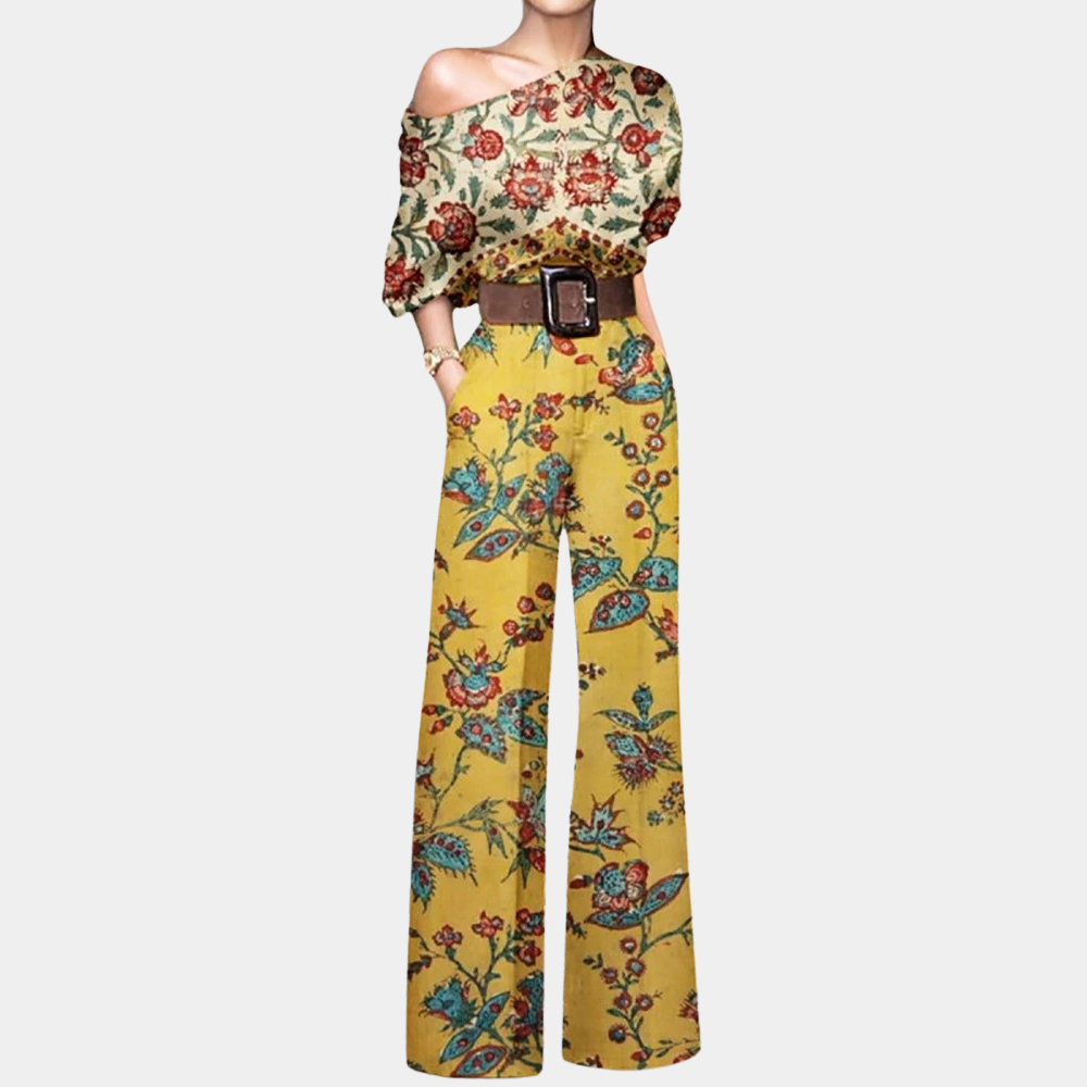 Dames jumpsuit off-shoulder met vlinderprint - elegante outfit voor bijzondere gelegenheden