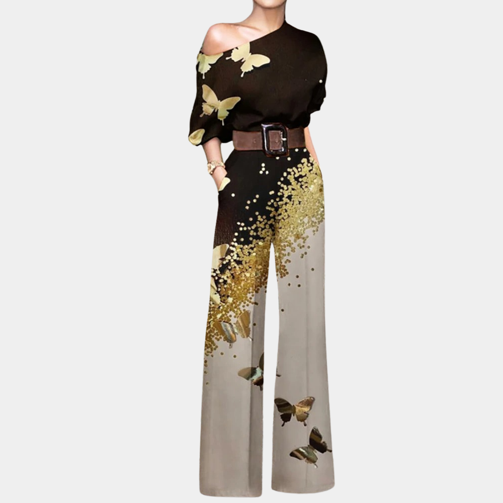 Dames jumpsuit off-shoulder met vlinderprint - elegante outfit voor bijzondere gelegenheden