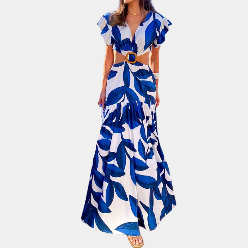 Zomer maxi jurk voor dames - blauwe bloemenprint met frill mouwen