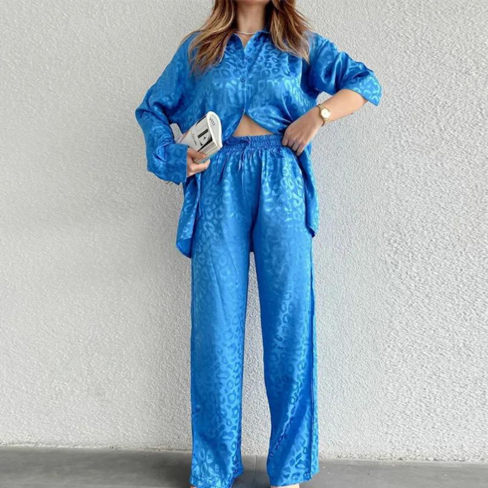 2-delige loungewear set - stijlvolle dames blauwe satijnen co-ord