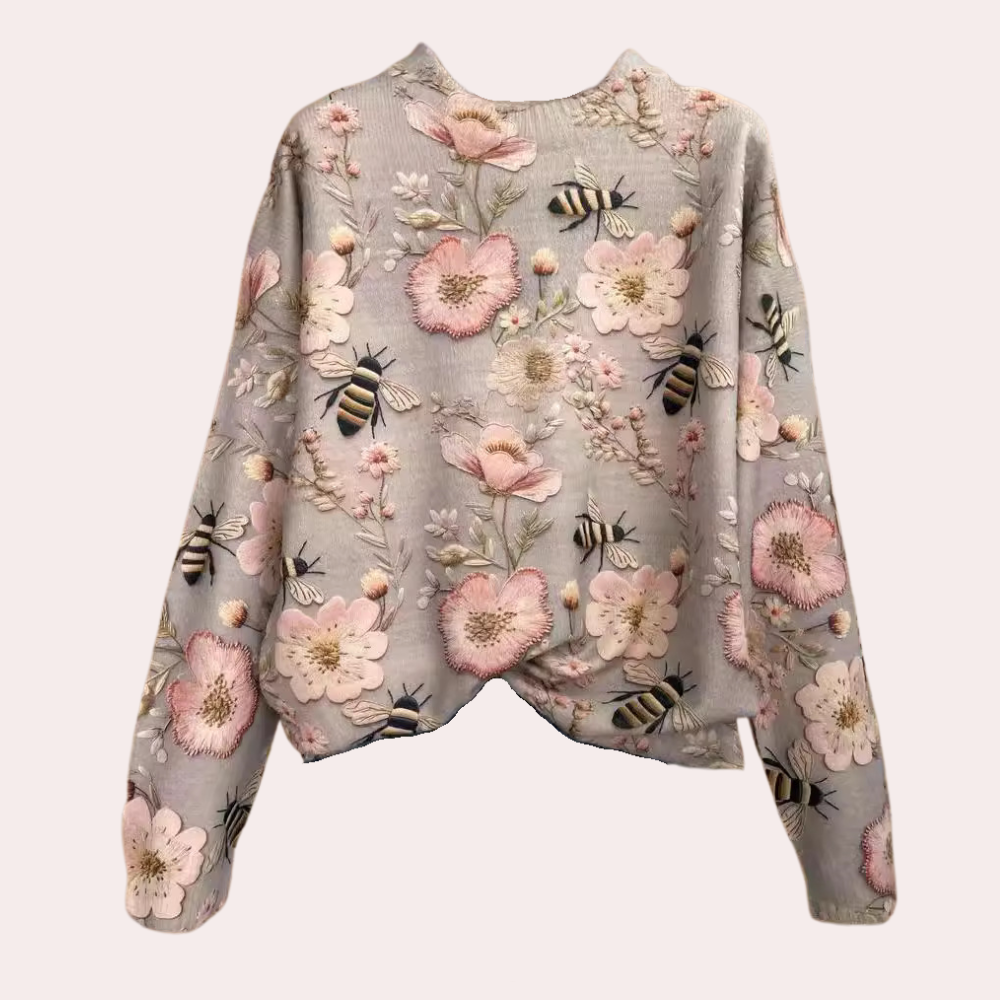 Bloemen geborduurd sweatshirt - trendy dames pullover met bijen en bloemen