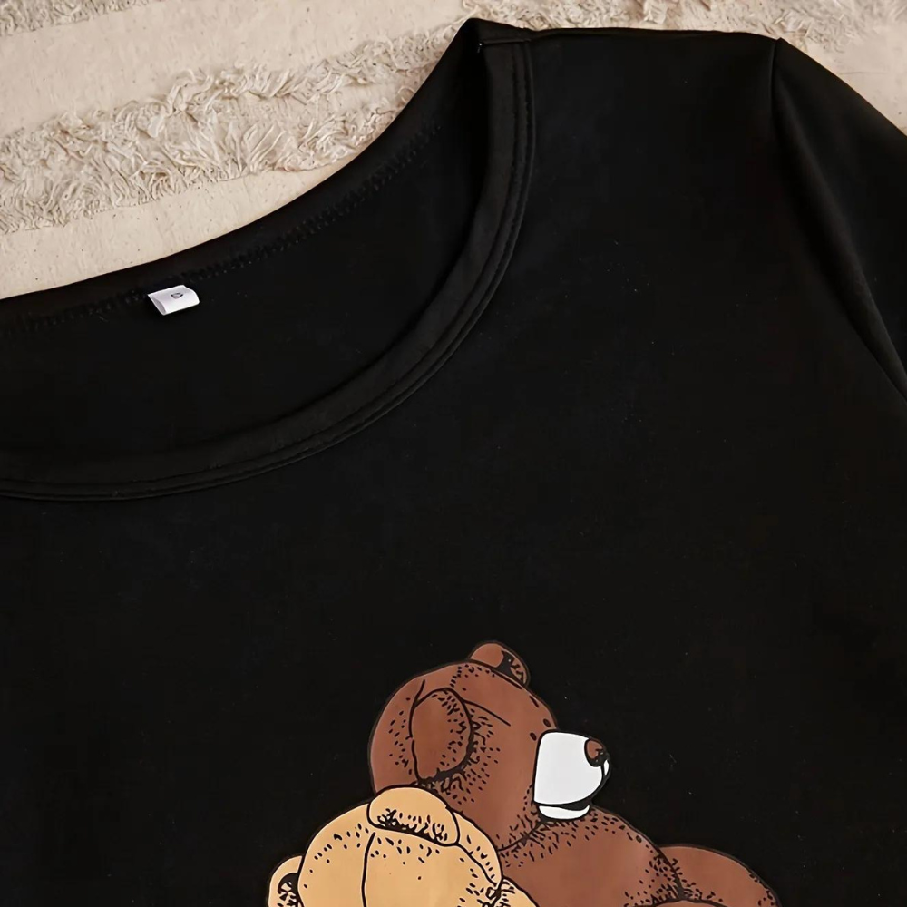 2-delige zwarte damespyjama set - t-shirt met ronde hals en geruite broek