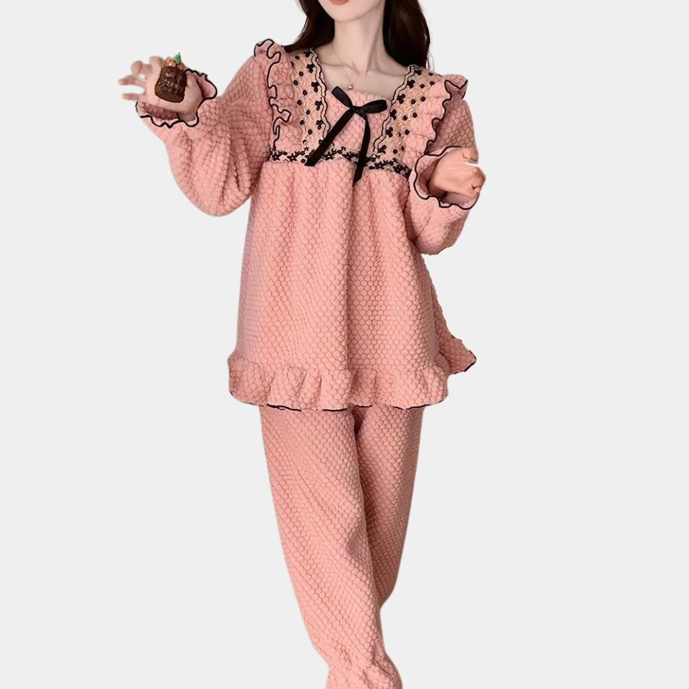 Fluffy roze pyjama set - elegante ruffle loungewear