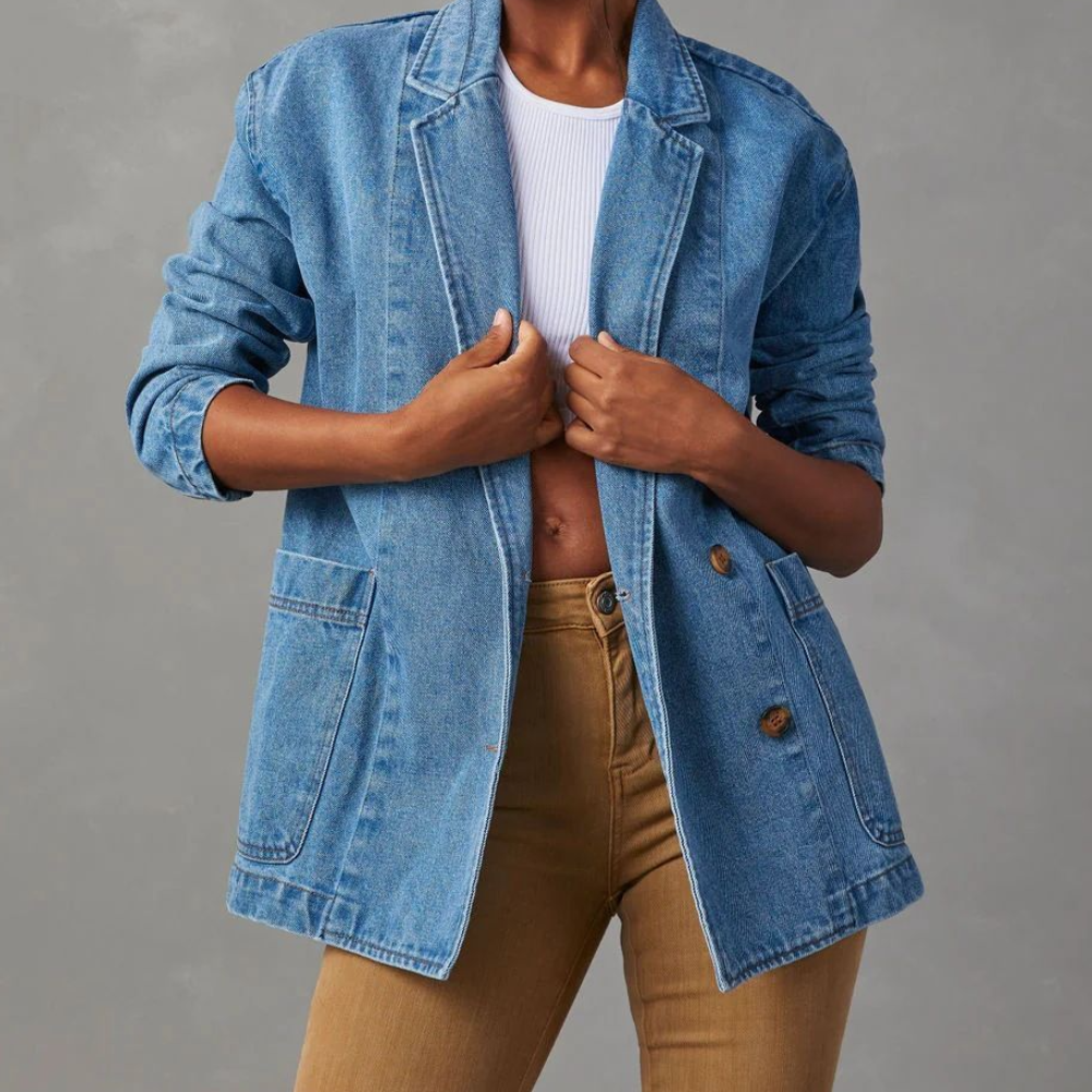 Blauwe oversized denim blazer - casual damesjack met zakken