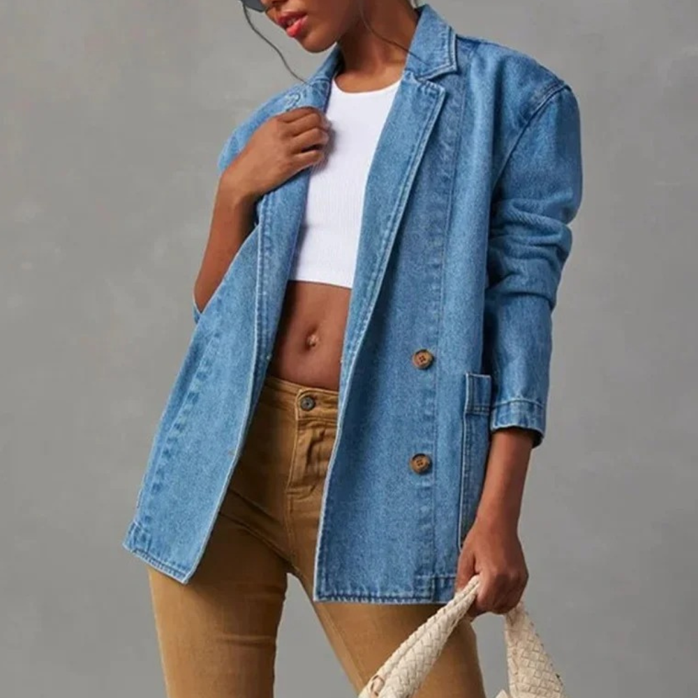Blauwe oversized denim blazer - casual damesjack met zakken