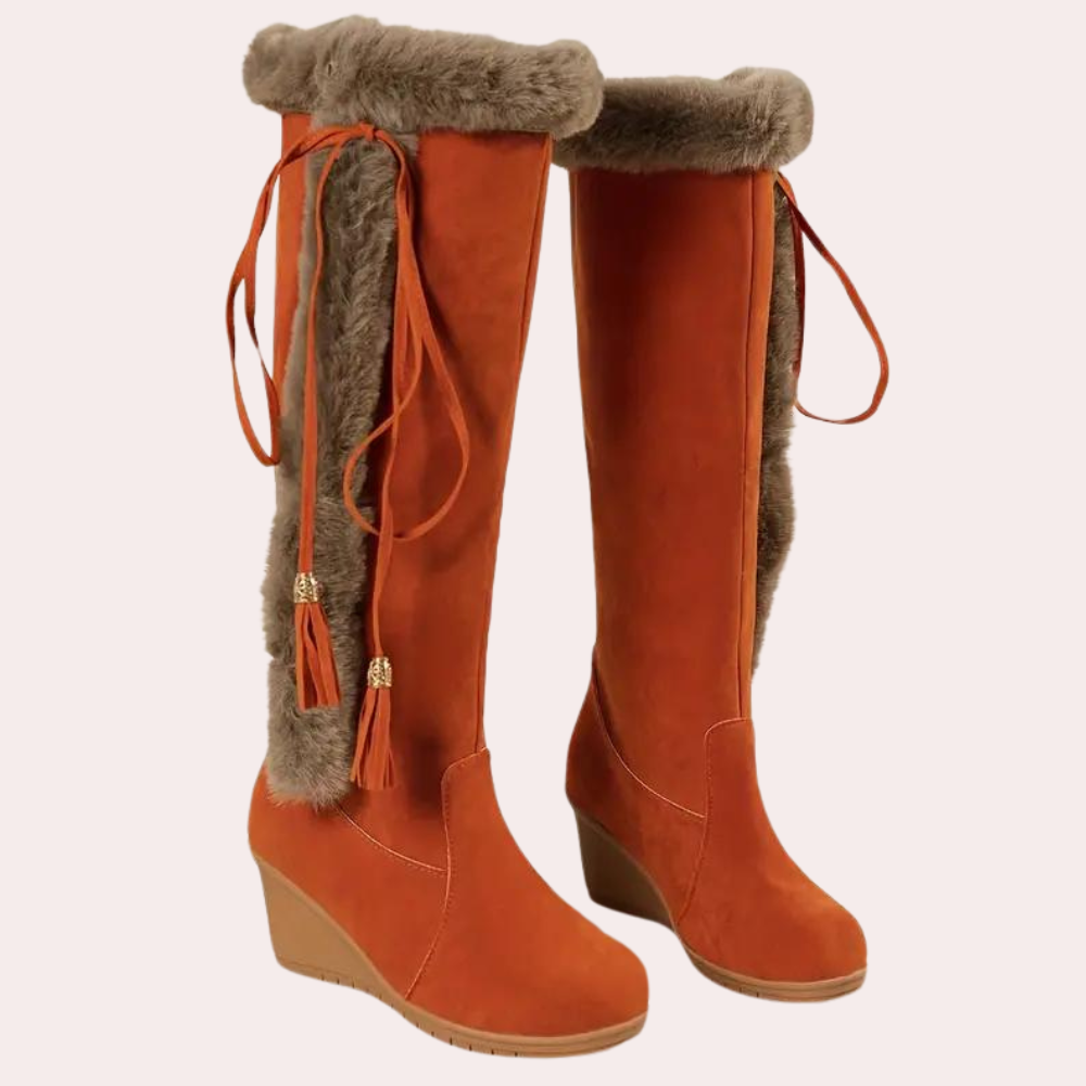 Kniehoge wedge boots - stijlvolle dames winterlaarzen met nepbontvoering