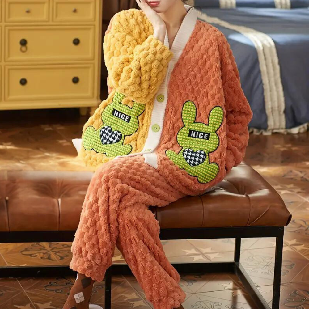2-delige knuffelige lounge set - oranje pluche dames pyjama set