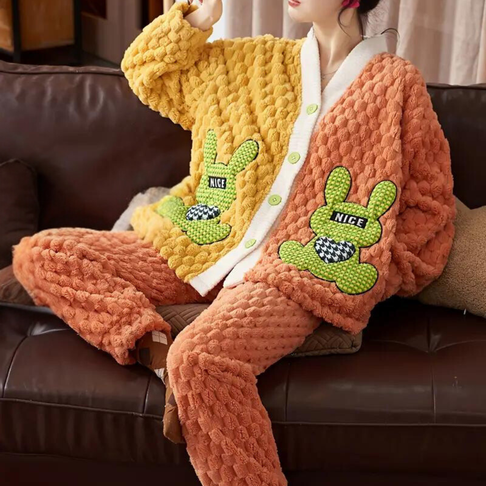 2-delige knuffelige lounge set - oranje pluche dames pyjama set