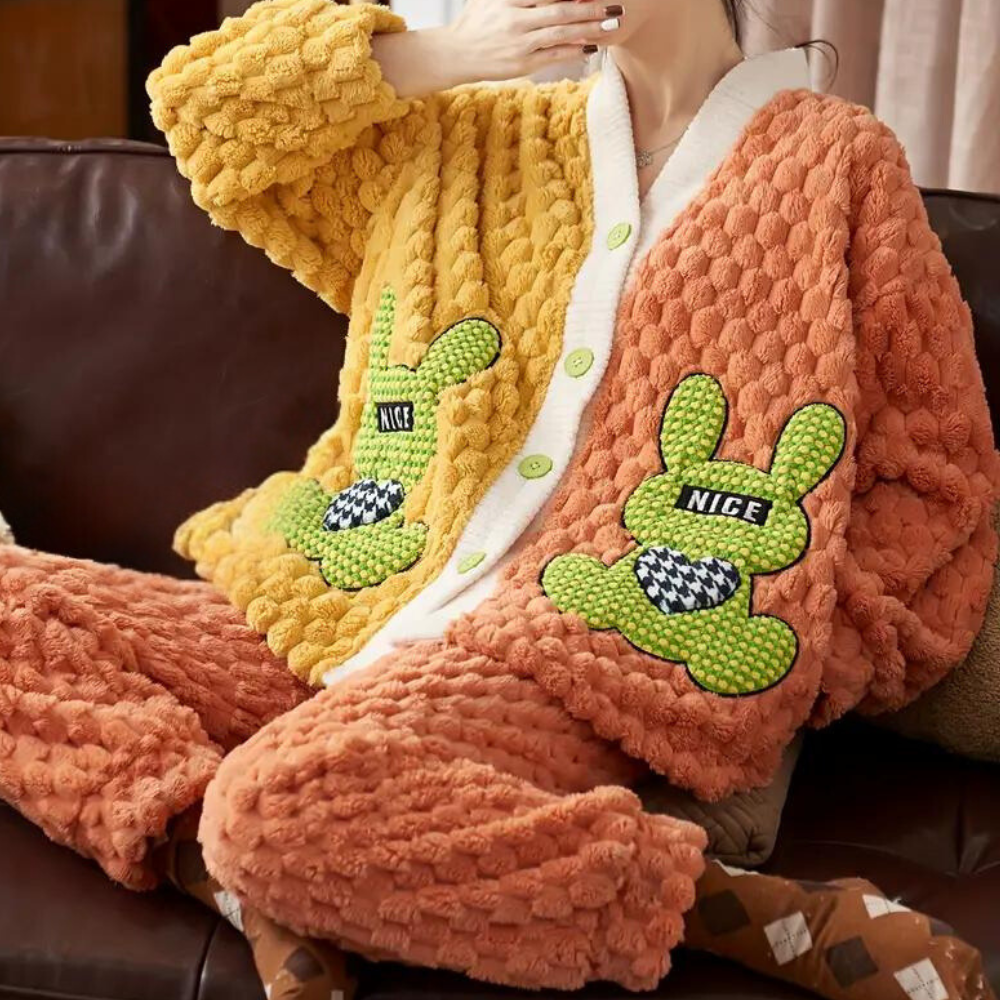 2-delige knuffelige lounge set - oranje pluche dames pyjama set