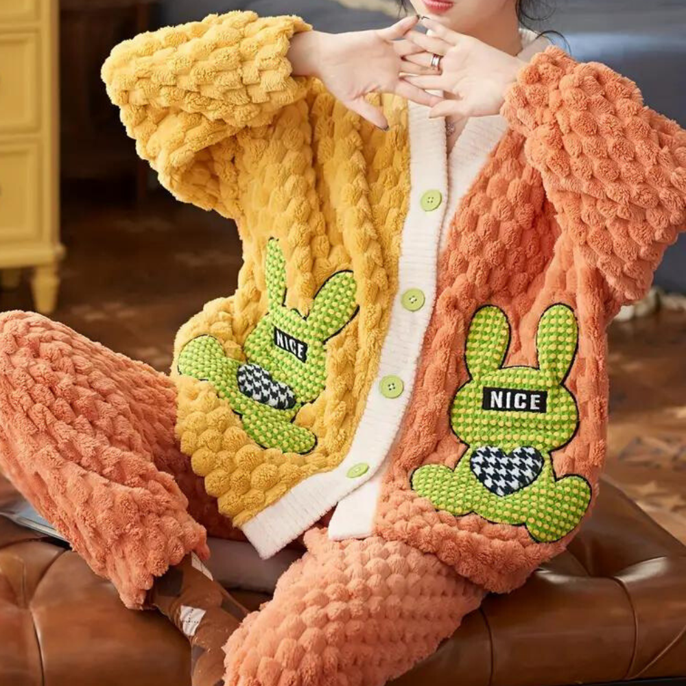 2-delige knuffelige lounge set - oranje pluche dames pyjama set