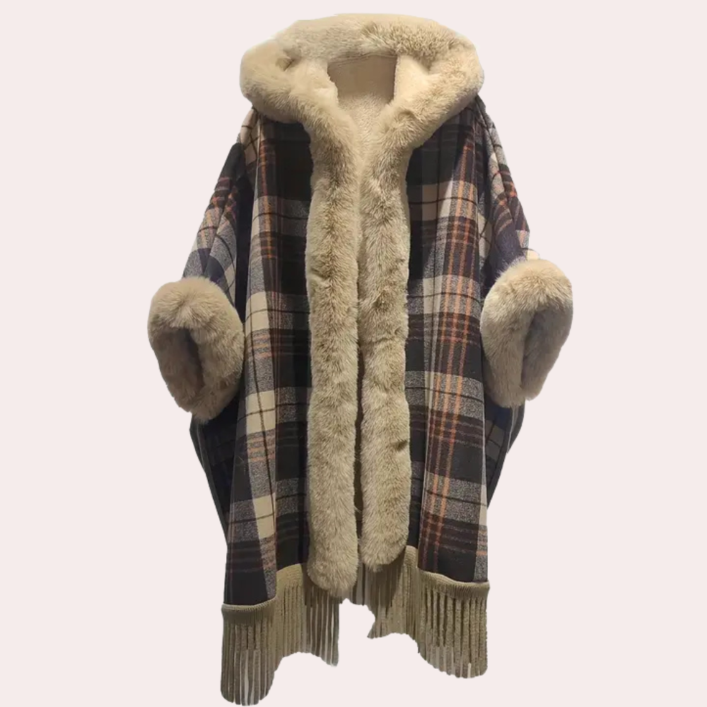 Geruite poncho jas - luxe damescape met capuchon en imitatiebont afwerking - Bakkermode.nl
