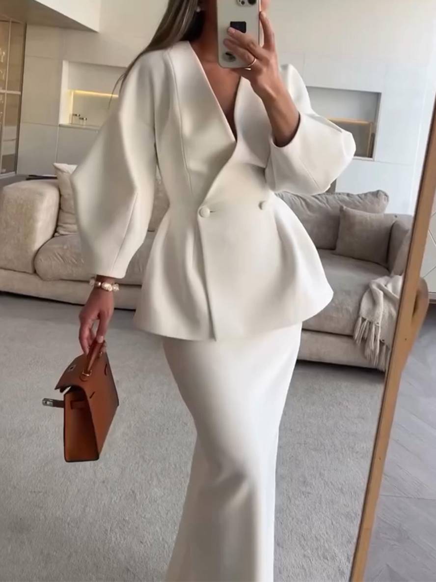 2-delige tailored ensemble - verfijnde dames v-hals blazer en rok set