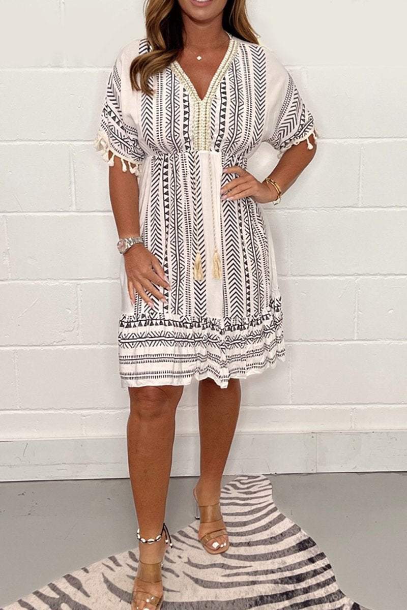 Lichtsgewicht katoenen strandjurk voor vrouwen - v-hals zomermode met print