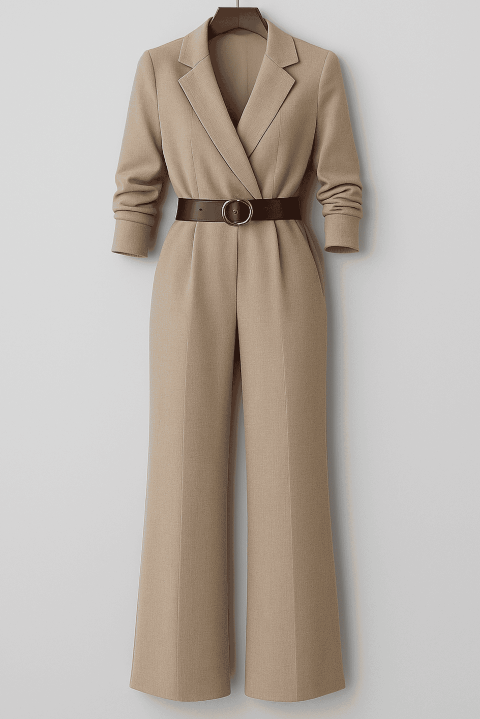 Dames jumpsuit taupe met ceintuur en wijde pijpen - elegante kantoorkleding