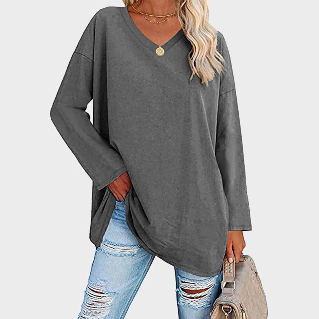 Dames relaxed fit v-hals tuniek blouse met lange mouwen - casual everyday wear, zachte stof