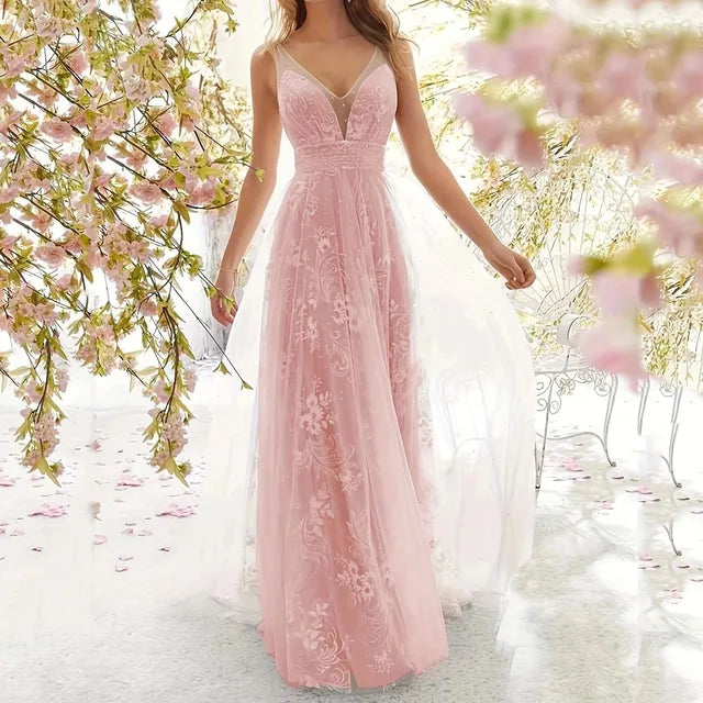 Chique mesh maxi jurk met v-hals - elegante avondjurk voor bijzondere gelegenheden