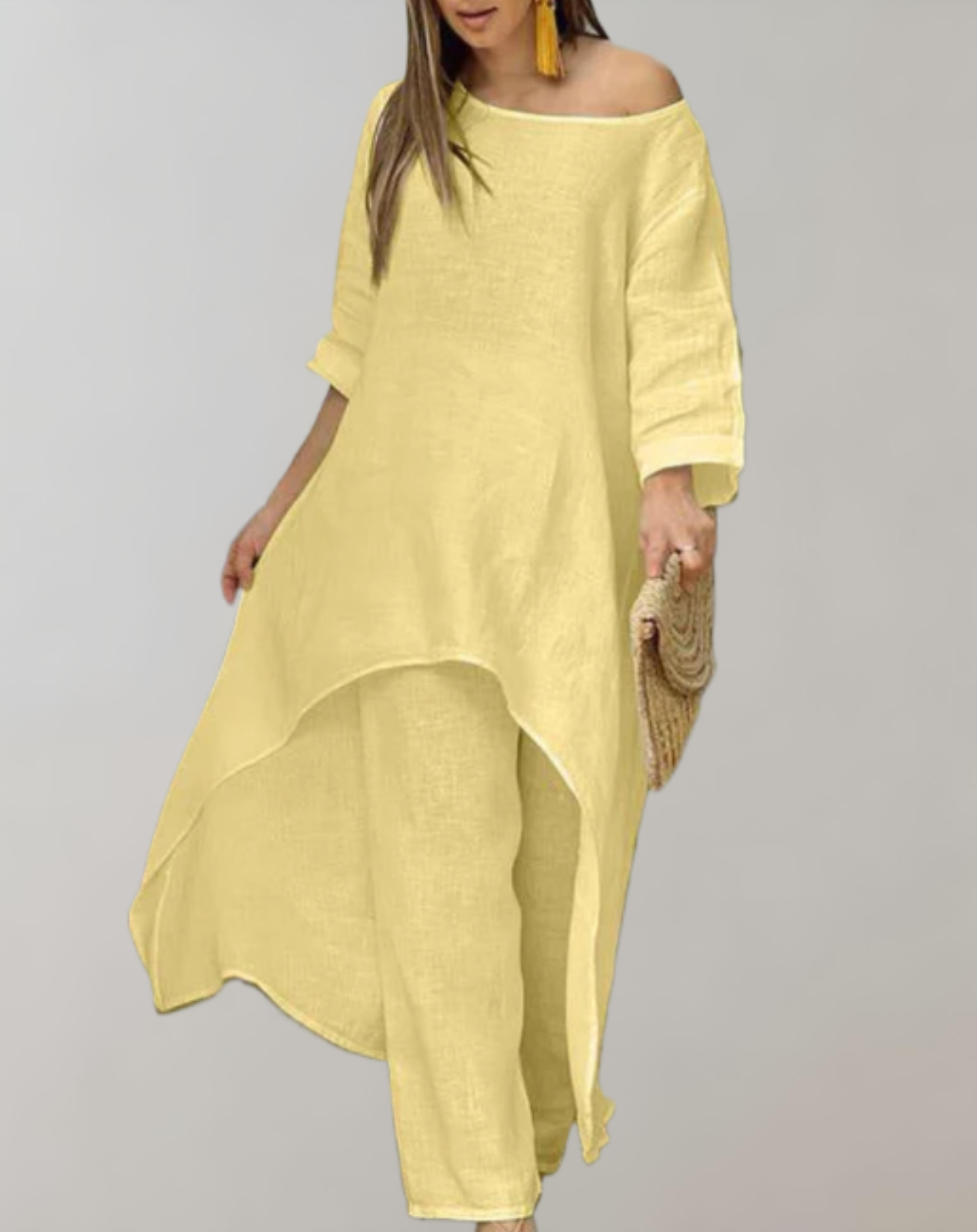 Dames asymmetrische tuniekjurk en broekset - lichtgewicht ensemble voor casual gelegenheden