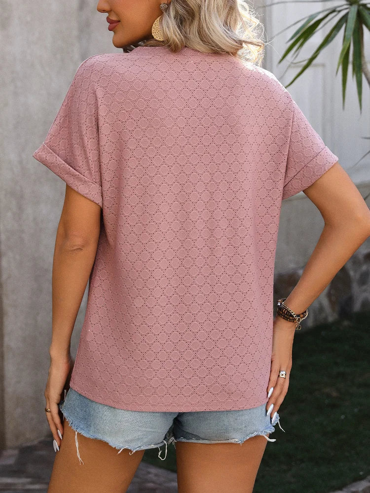 Dames casual v-hals zomertop - lichtgewicht korte mouwen t-shirt voor dagelijkse elegantie
