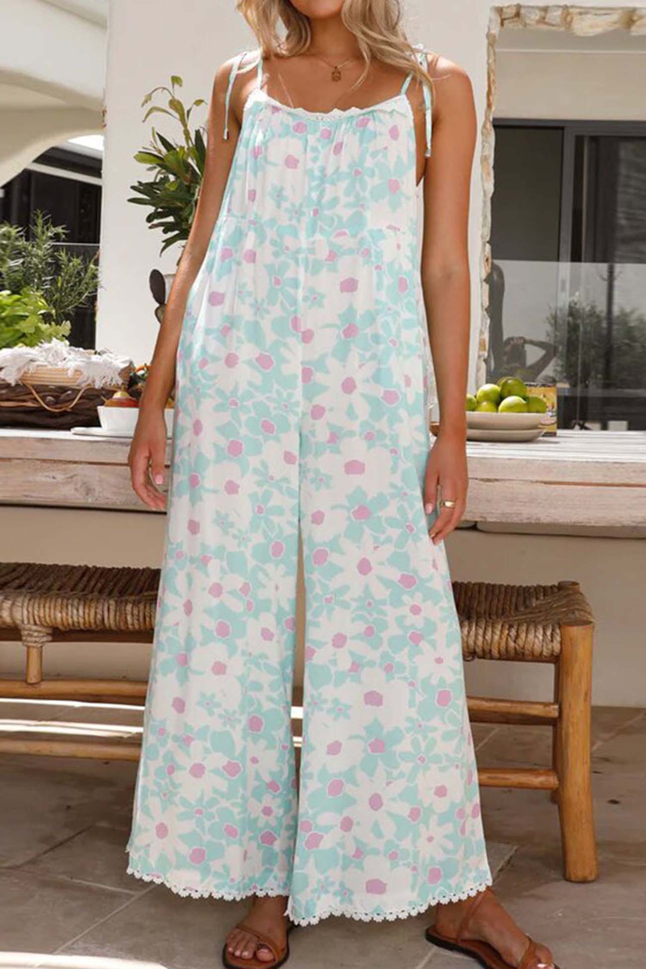 Dames bloemen wijde been jumpsuit lichtblauw casual zomeroutfit - mouwloos ontwerp voor dagelijkse stijl