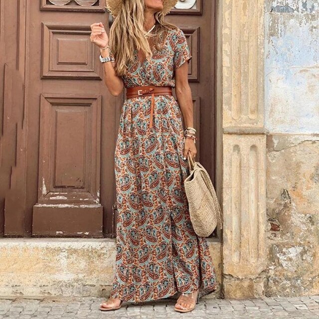 Dames maxi jurk met bloemenprint - elegante boho stijl voor de zomerse uitjes