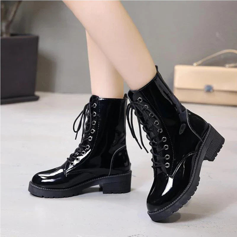 Halverwege kuit leren enkellaarzen dames – vetersluiting platformlaarzen - Bakkermode.nl