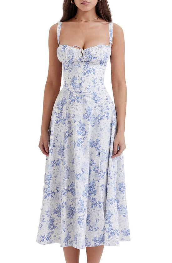 Dames casual bloemen midi-jurk met strikaccent - zomeroutfit voor tuinfeesten, zachte stof