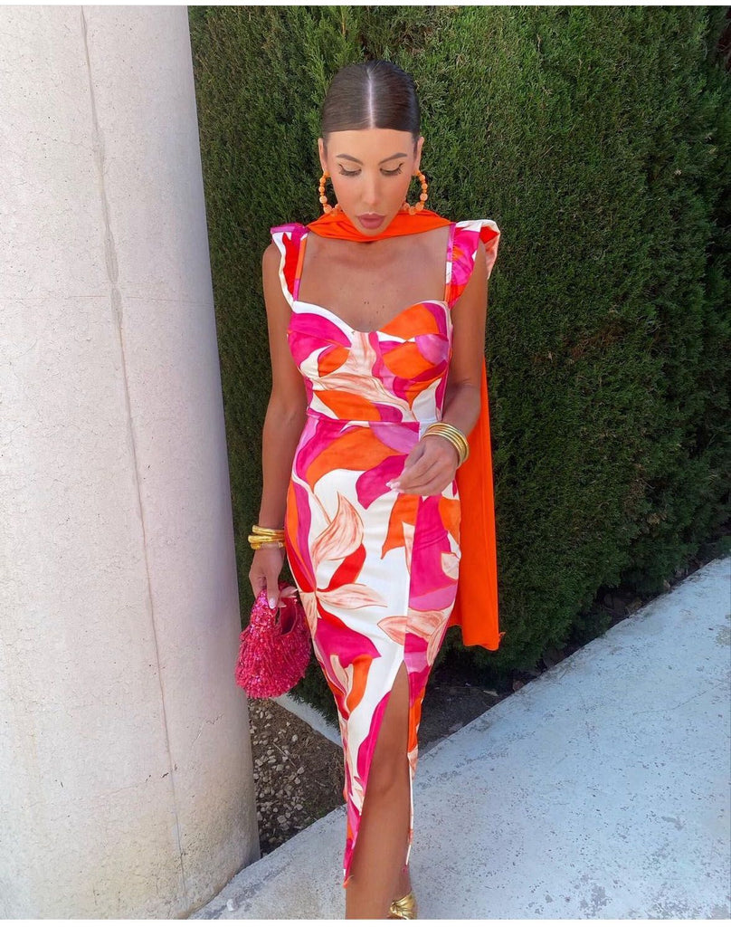 Dames midi-jurk met bloemenprint en rimpels in roze en oranje - elegante avondoutfit