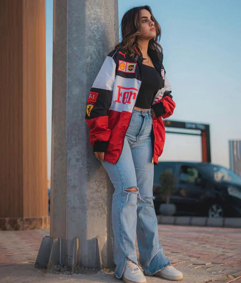 Vrouwen regenjas vintage racerjack met ferrari patches - trendy casual buitenjack voor dagelijks gebruik