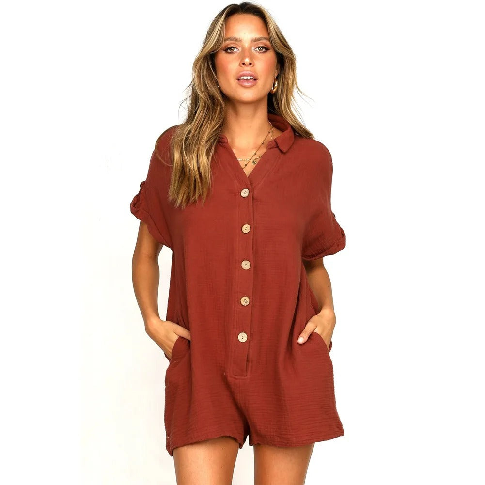 Dames relaxte jumpsuit met zakken - veelzijdige korte mouwen playsuit voor alledaags casual dragen