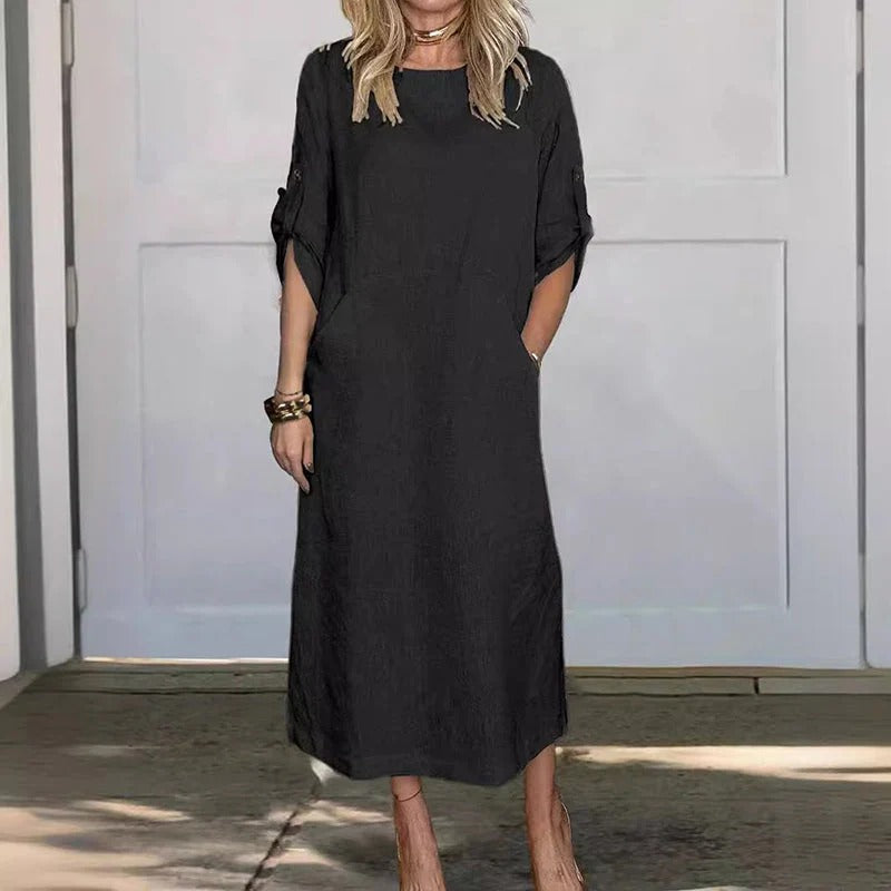 Dames casual midi jurk in relaxte pasvorm van linnen - dagelijkse outfit voor vrouwen