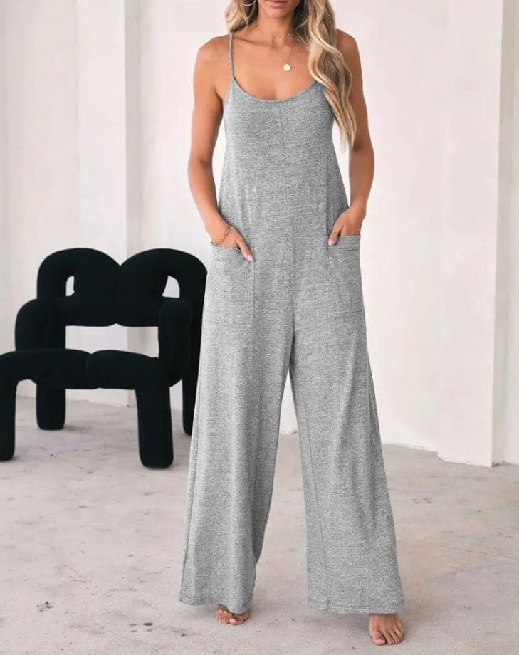 Dames jumpsuit met spaghetti bandjes - relaxte grijze casual outfit met handige zakken