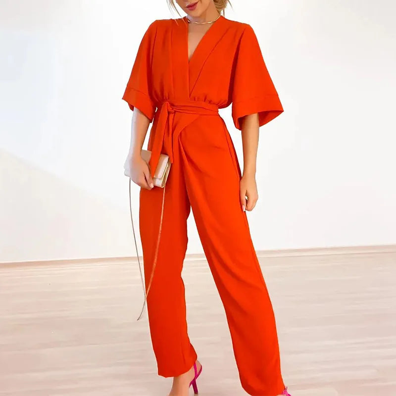 Dames jumpsuit met wikkelstijl voor avondkleding - chique lange mouwen, elegante uitstraling