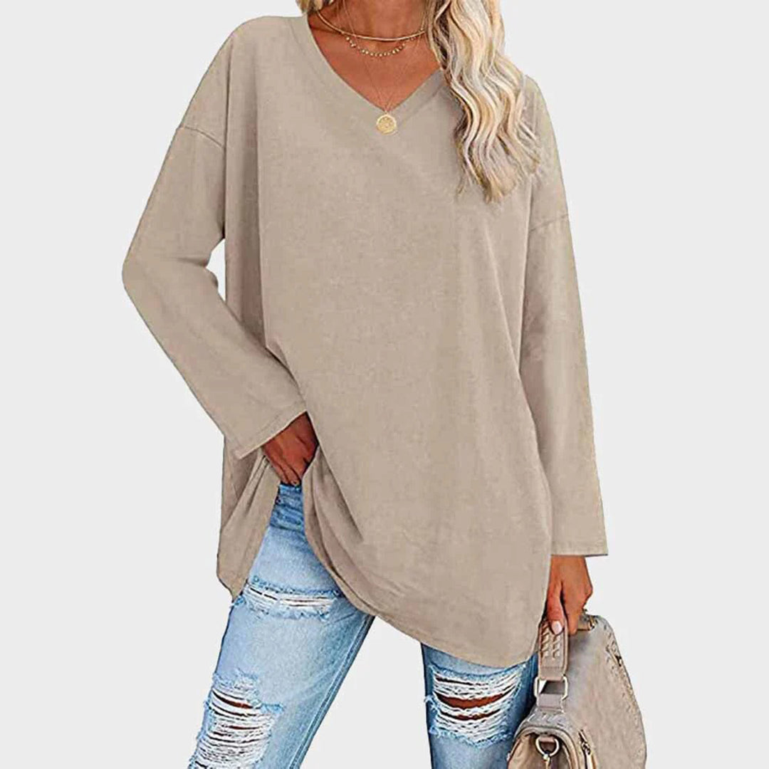 Dames relaxed fit v-hals tuniek blouse met lange mouwen - casual everyday wear, zachte stof