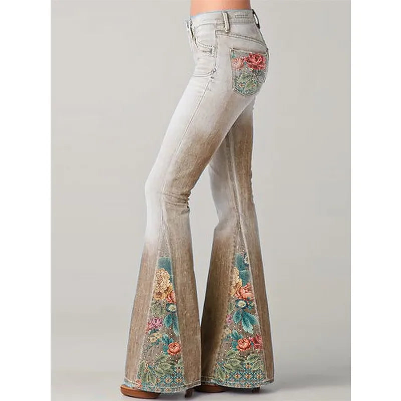 Flared jeans met vintage bloemenprint - dames stijlvolle denim broeken