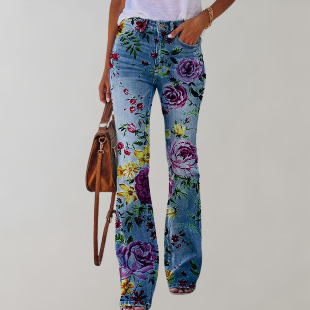 Florale flared jeans - stijlvolle damesjeans met een kleurrijk bloemenpatroon