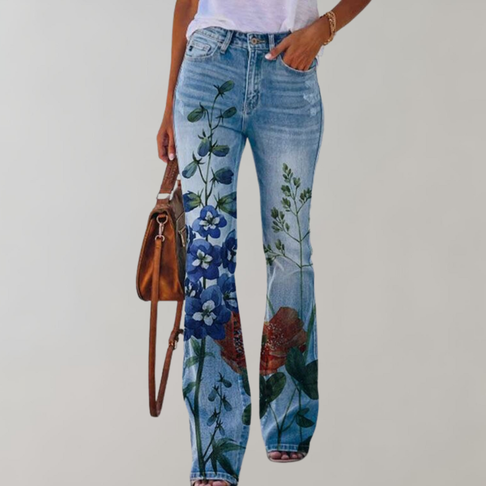 Florale flared jeans - stijlvolle damesjeans met een kleurrijk bloemenpatroon