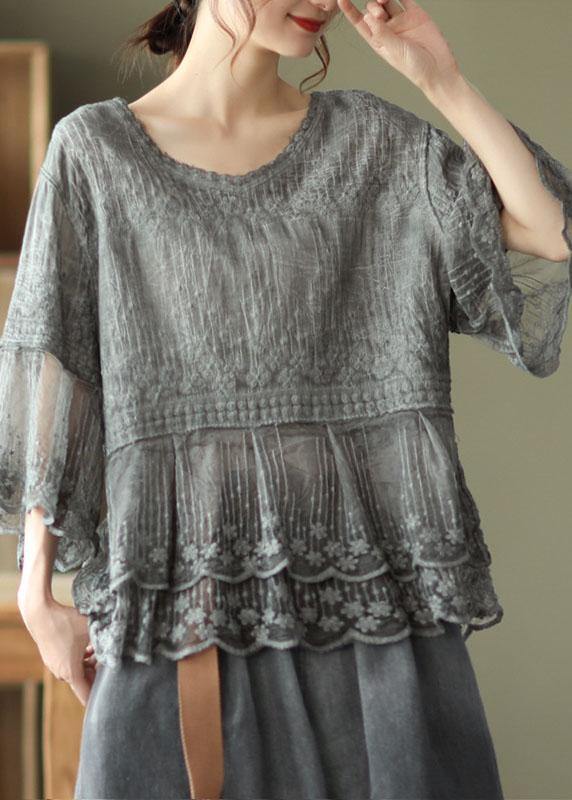 Vrouwen top elegante halfmouwen geborduurde zomertop - luchtig o-hals ontwerp voor casual uitjes