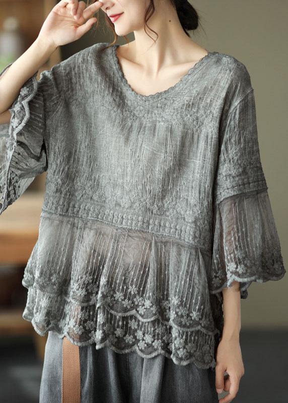 Vrouwen top elegante halfmouwen geborduurde zomertop - luchtig o-hals ontwerp voor casual uitjes